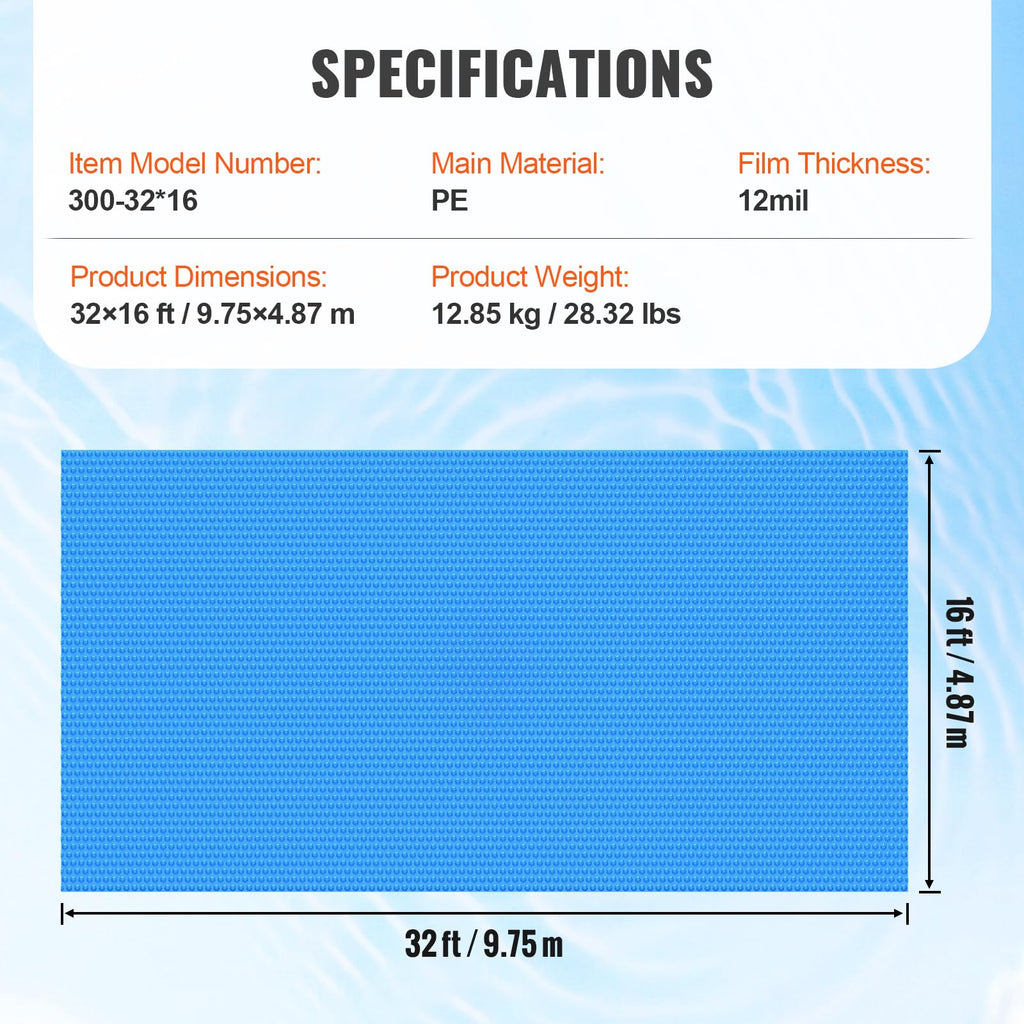 VEVOR Solar Pool Cover, 32 x 16 ft Rectangle Solar Cover 12 mil for Pools, Inground Above Ground Swimming Pool Solar Blanket with Bubble, Heat Retaining Solar Covers Blue