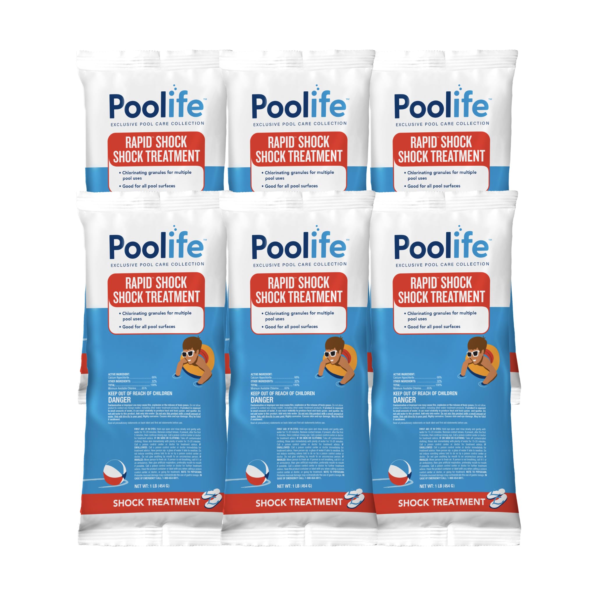 Poolife Rapid Shock for Pool’s Algae, Bacteria, Contaminant Removal - Fast-Dissolving, CYA-Free Calcium Hypochlorite Pool Shock for Clean Water - Chlorine Granules for Above/Inground Pools - 1lbx6 Bag