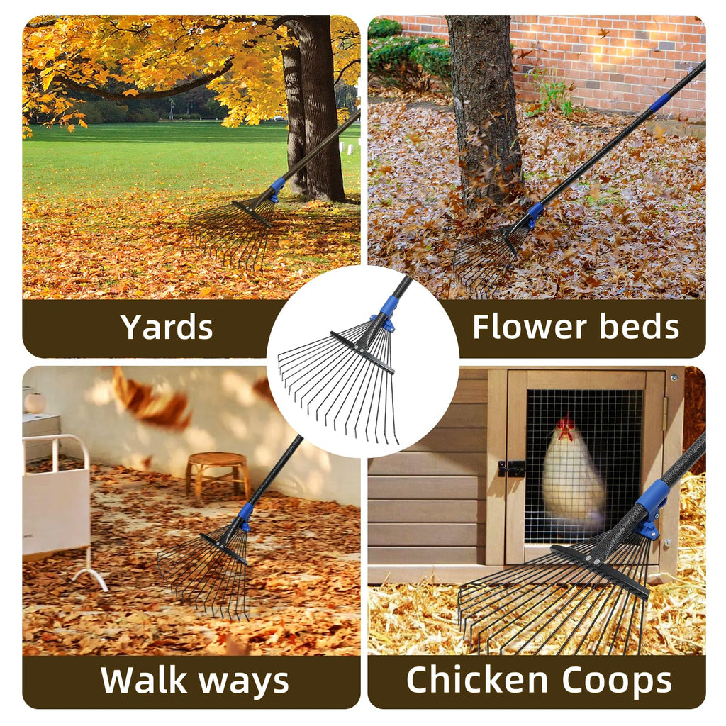 Adjustable Leaf Rake, Heavy Duty Metal Rake for Leaves, Long Handle 30"-60" with Expandable Head 8"-17", Collapsible Small Rakes for Lawns, Gardening, Yard, Camping, Shrub, Grass, Bush, Weed, Debris