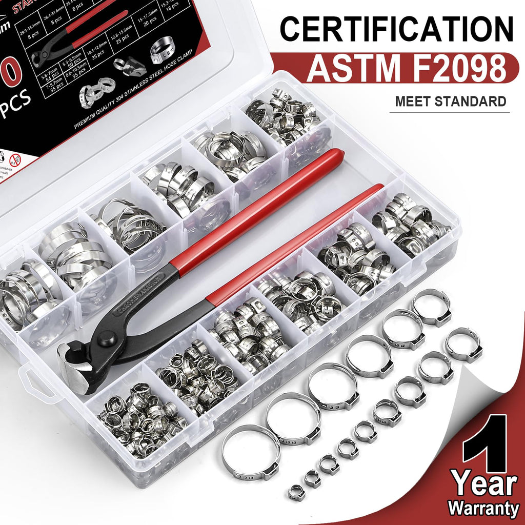 Hydencamm 370PCS 15 Sizes Single Ear Hose Clamps, 5.3-33.1mm 304 Stainless Steel Crimp Hose Clamps, Stepless Adjustable Cinch Clamps for Automotive, Home Appliance Line, Plumbing and Industrial Use
