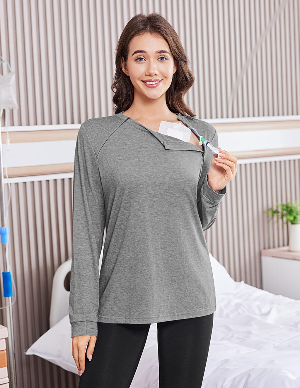 Deyeek Port Shirts for Women Chemo Patients Dialysis Sweatshirts with Arm Zipper Tear Away Long Sleeve Chemotherapy Must Haves Light Gray L