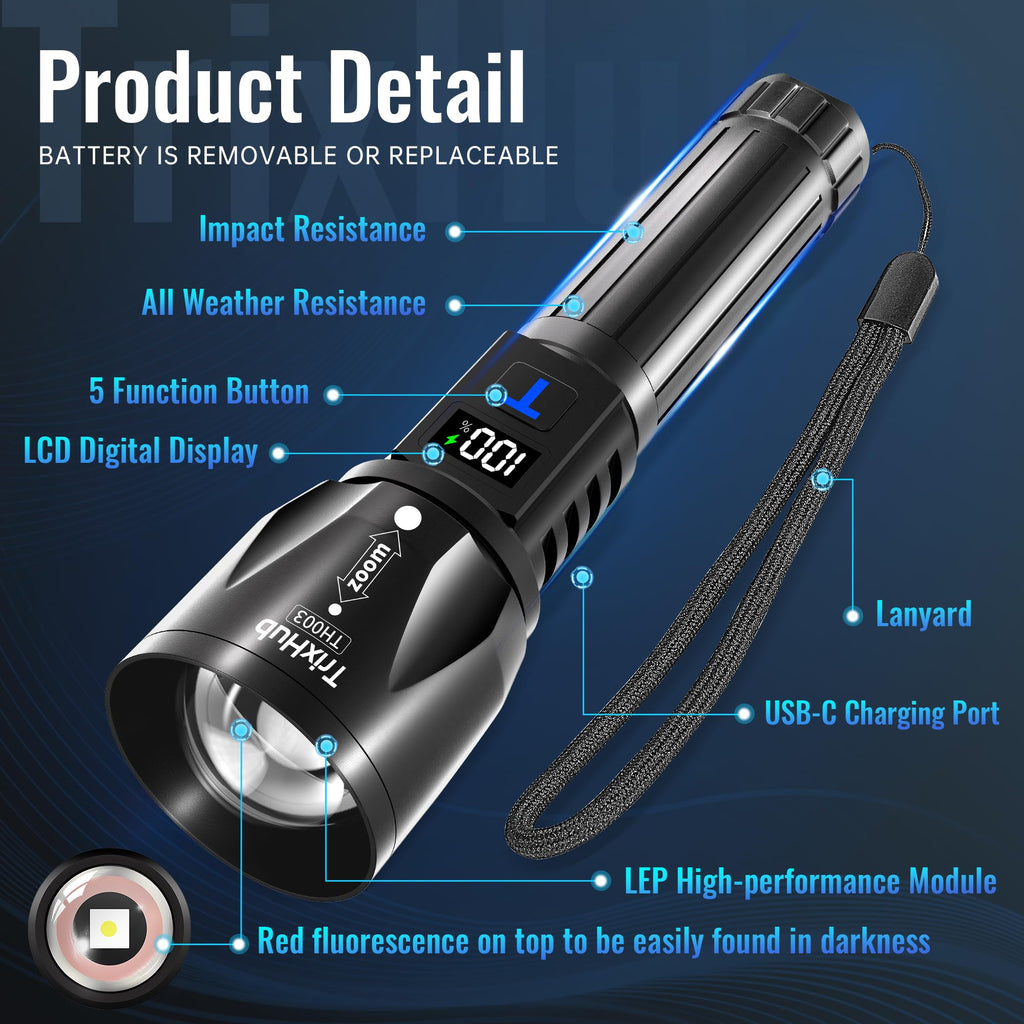 TrixHub Rechargeable Flashlights High Lumens 2Pack, 5Mode Flash Light with LCD Digital Display, Super Bright Adjustable Tactical Flashlight, High Powered LED Handheld Flashlight for Home
