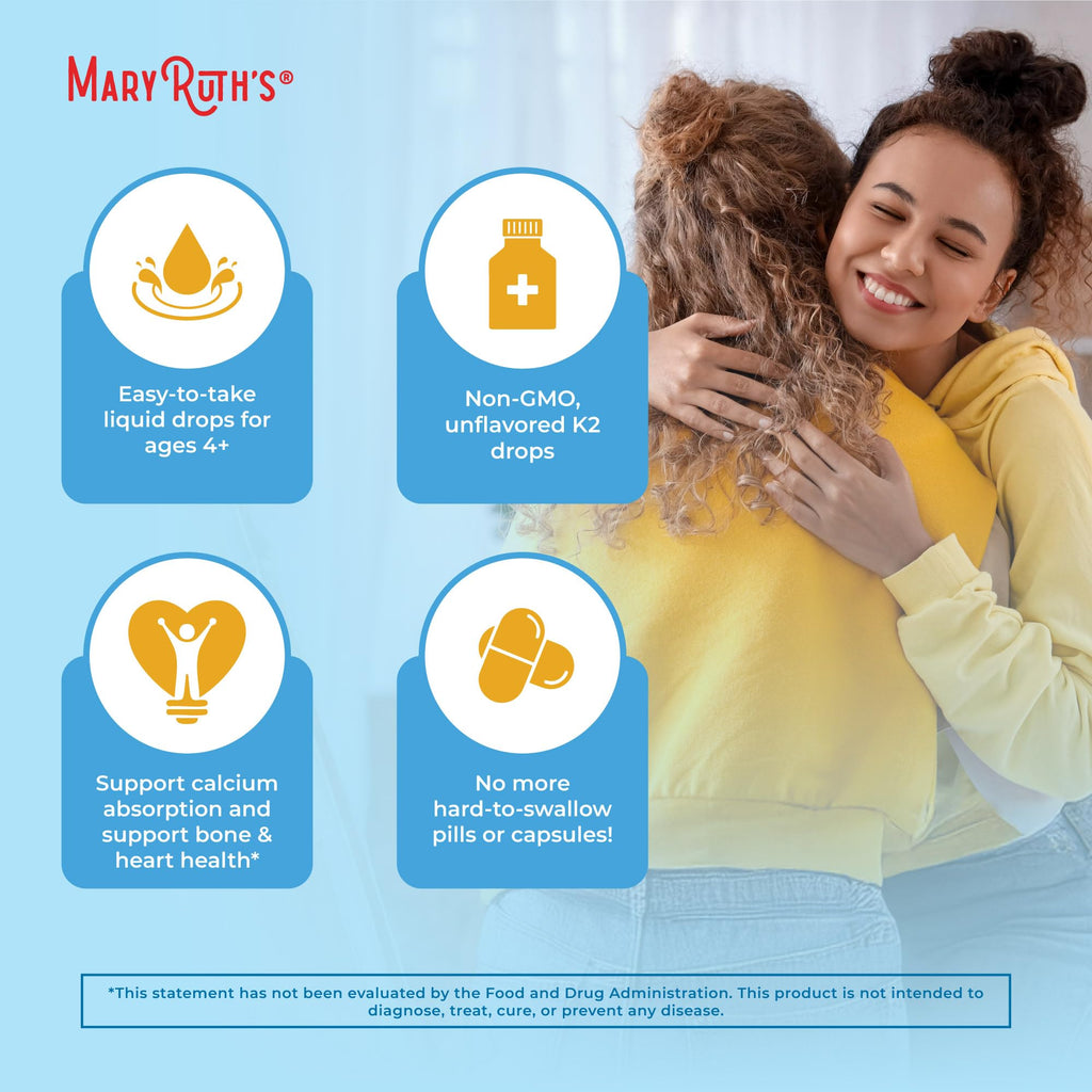 MaryRuth’s USDA Organic Vitamin K2 MK7 Liquid Drops for Adults & Kids | Sourced from Natto | Menaquinone- 7 | Vegan K2 Vitamin for Bone Health & Calcium Absorption | 1oz | Up to 90 Servings