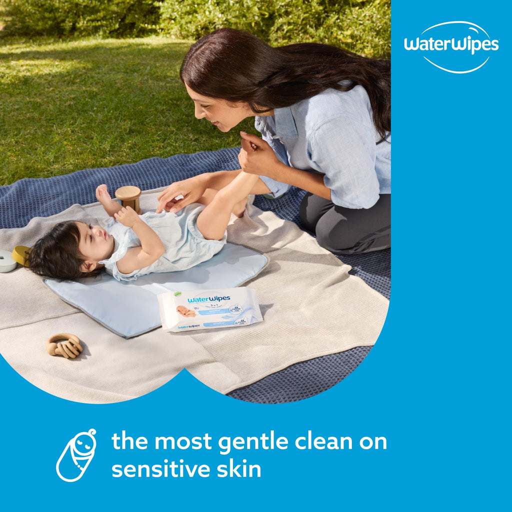 WaterWipes Sensitive+ Newborn & Baby Wipes, 3-In-1 Cleans, Cares, Protects, 99.9% Water, Unscented & Hypoallergenic, 240 Count (4 Packs)