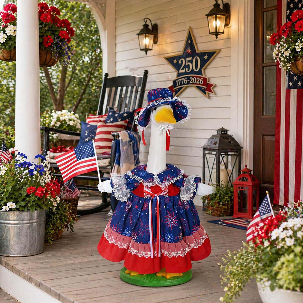 4th of July Porch Goose Outfits Lawn Goose Patriotic Lolita Dress Outfit for 23" Cement Plastic Geese Statue USA 250th Geese Star Firework Clothing Anniversary Outdoor Patio Lawn Garden Decoration