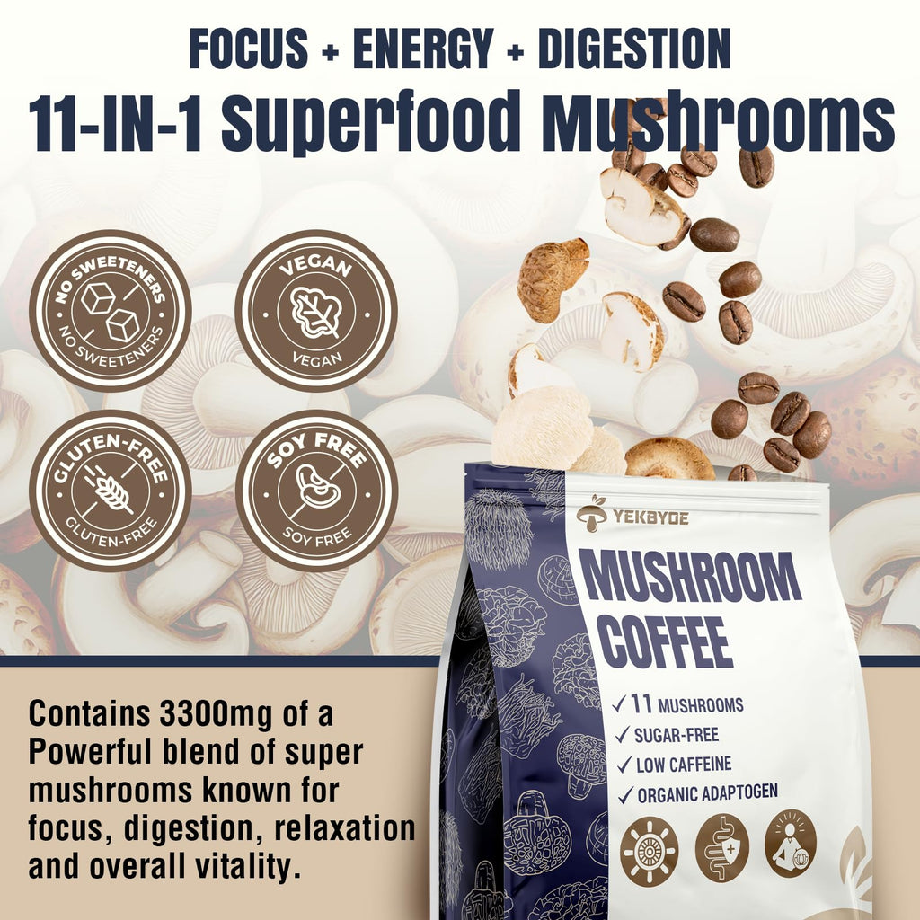 Mushroom Coffee, 11 Superfood Mushrooms includes Lion's Mane, Reishi, Chaga & Ashwagandha, Instant Mushroom Coffee Organic for Energy, Memory, Digestion & Detox, Low Caffeine & Sugar Free, 5.3oz