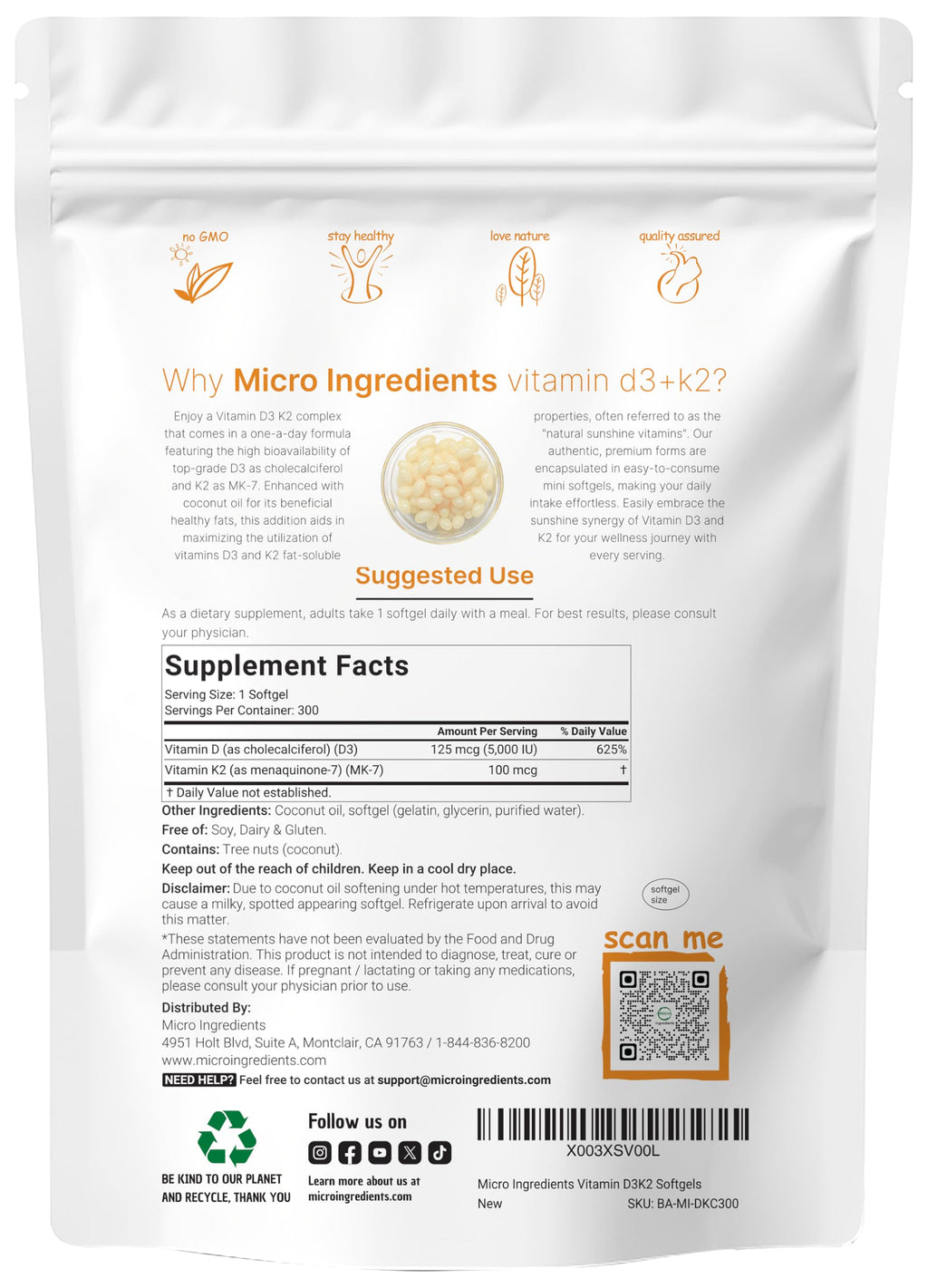 Micro Ingredients Vitamin D3 5,000 IU + K2 MK-7 100 mcg, 300 Softgels | Virgin Coconut Oil | 2-in-1 Support | Easy to Swallow, Non-GMO