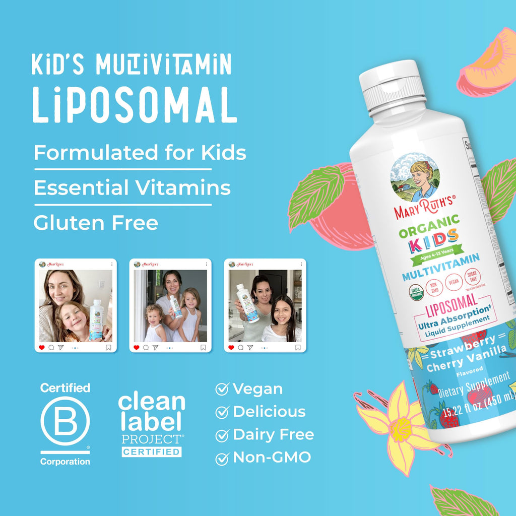 MaryRuth Organics Kids Multivitamin Liposomal | Vegan, Sugar-Free Vitamins for Kids | Ages 4+ | 2 Month Supply | 15.22 Fl Oz