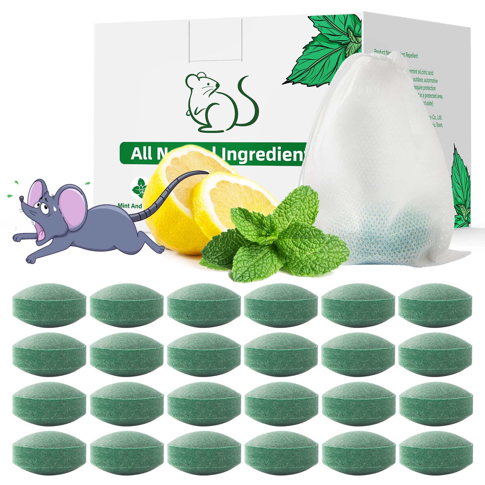 Pest Rodent Repellent, 24 Pack Peppermint Oil Repellent for Mouse Rats Spider Roach Ant Squirrel Pest Control Indoor & Outdoor, Natural Mice Deterrent Replace Trap Poisoning Family & Pet Safe Green