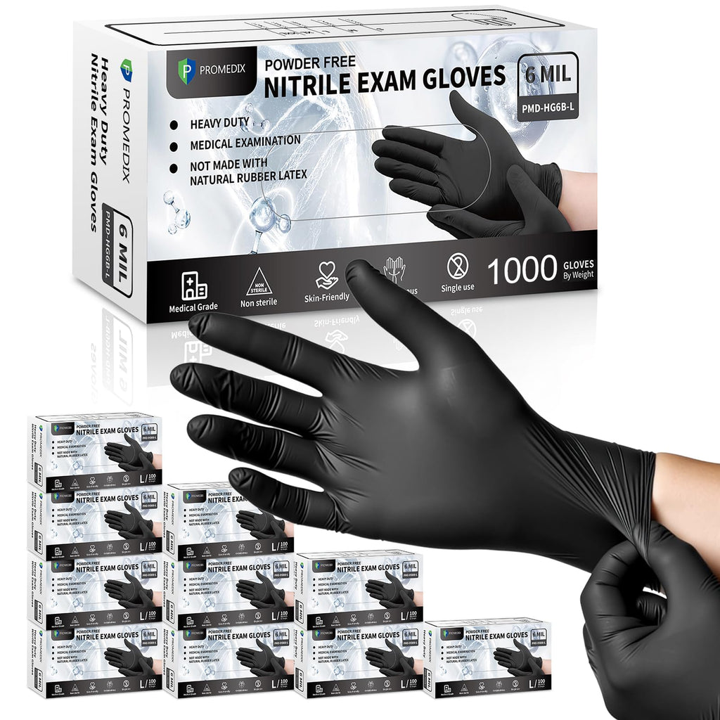 PROMEDIX P Black Disposable Nitrile Gloves, 6Mil 1000 Pcs Food Safe Cooking Gloves Latex Free Rubber Gloves for Cleaning Exam Medium