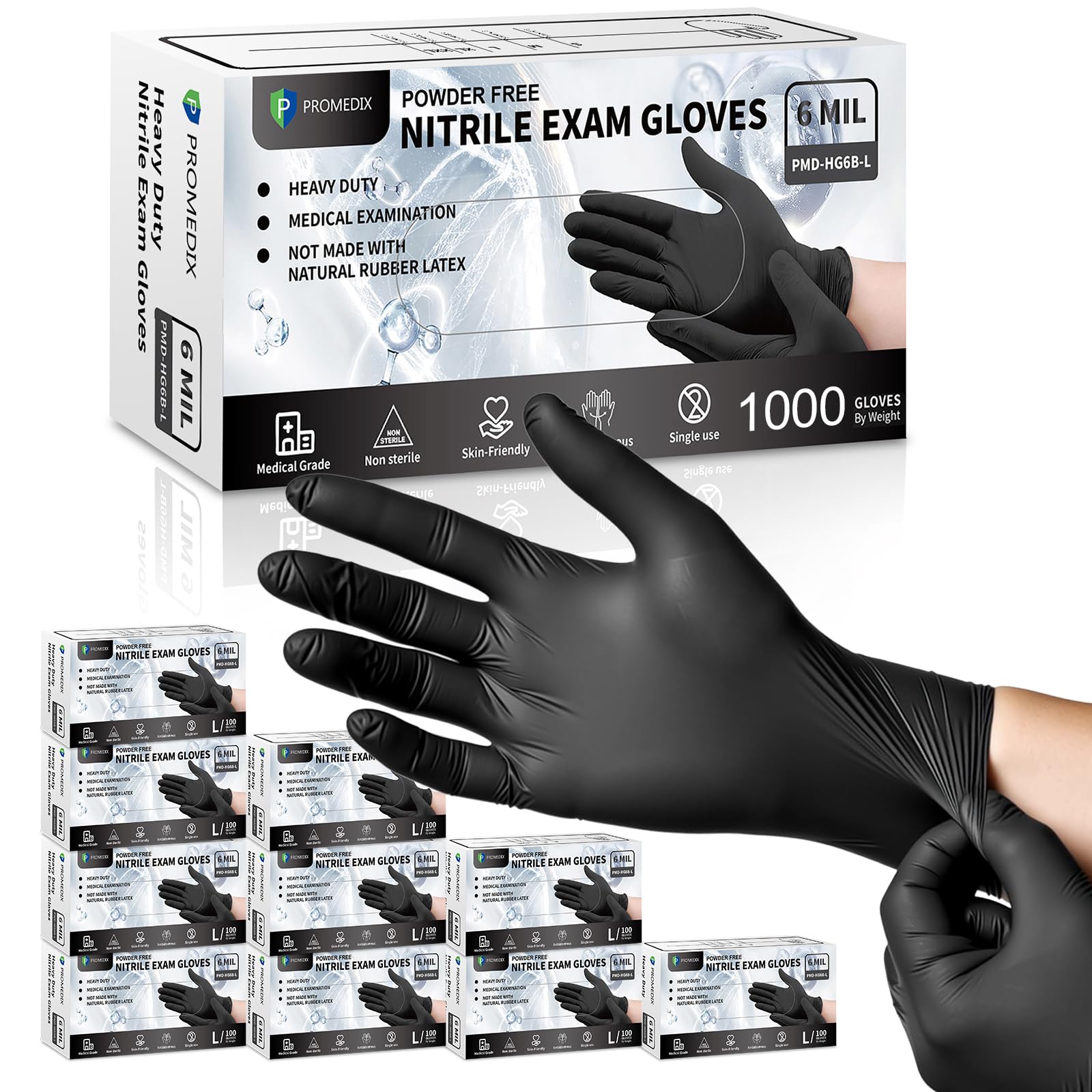 PROMEDIX P Black Disposable Nitrile Gloves, 6Mil 1000 Pcs Food Safe Cooking Gloves Latex Free Rubber Gloves for Cleaning Exam Medium