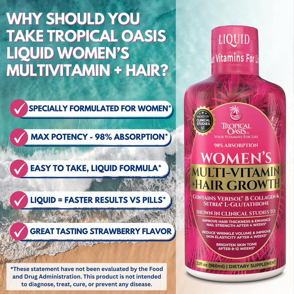 Tropical Oasis Women's Liquid Multivitamin + Hair Growth | Clinically Tested for Thicker Hair, Wrinkles, Brighter Skin, Strong Nails | 2.5g Verisol Collagen | Biotin 12500mcg | 32 Serv