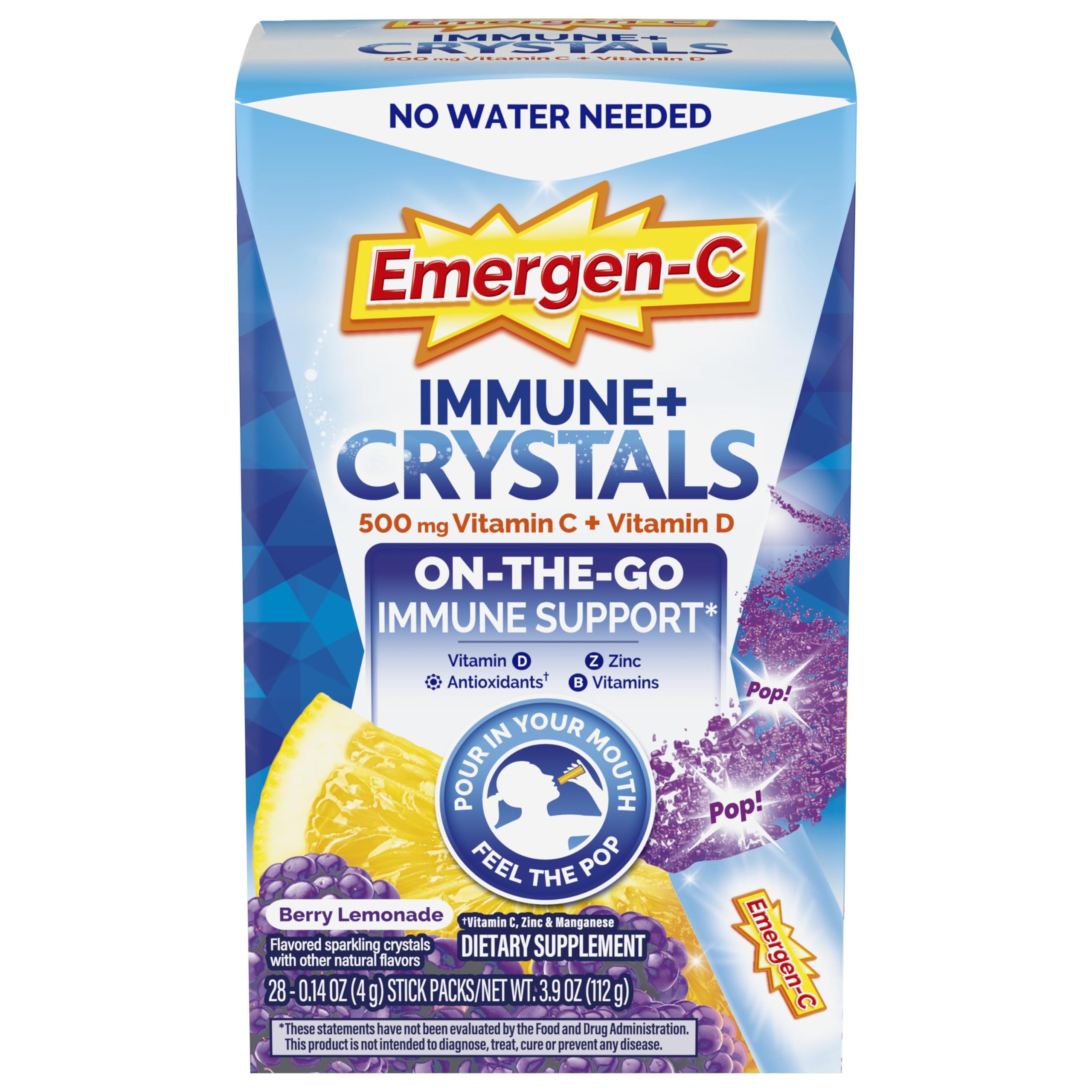 Emergen-C Immune Plus Crystals, On-The-Go Immune Support Supplement with Vitamin C, Vitamin D, B Vitamins, Zinc and Manganese, Berry Lemonade - 28 Stick Packs