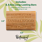 Australian Botanical Soap, Sandalwood and Cocoa Butter, 6.6 OZ, Triple Milled Bars Made with a Natural Soap Base and Enriched with Organic Shea Butter, Pack of 8