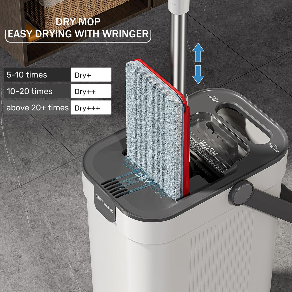 HoMettler Mop and Bucket Set, 3-Tank Flat Mop and Bucket System for Separate Dirty & Clean Water, 65" Mops for Floor Cleaning with 6 Washable Pads, Safe for Hardwood, Vinyl, Tile, Baseboards, Walls