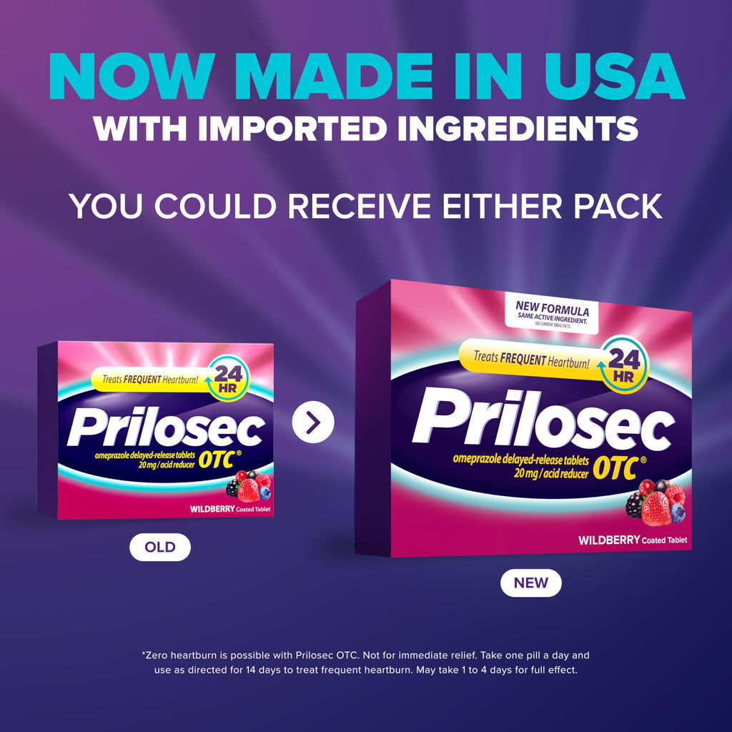 Prilosec OTC, Omeprazole Delayed Release 20mg, Acid Reducer, Treats Frequent Heartburn for 24 Hour Relief, All Day, All Night*, Heartburn Medicine, 20mg, Wildberry Flavor, 42 Tablets