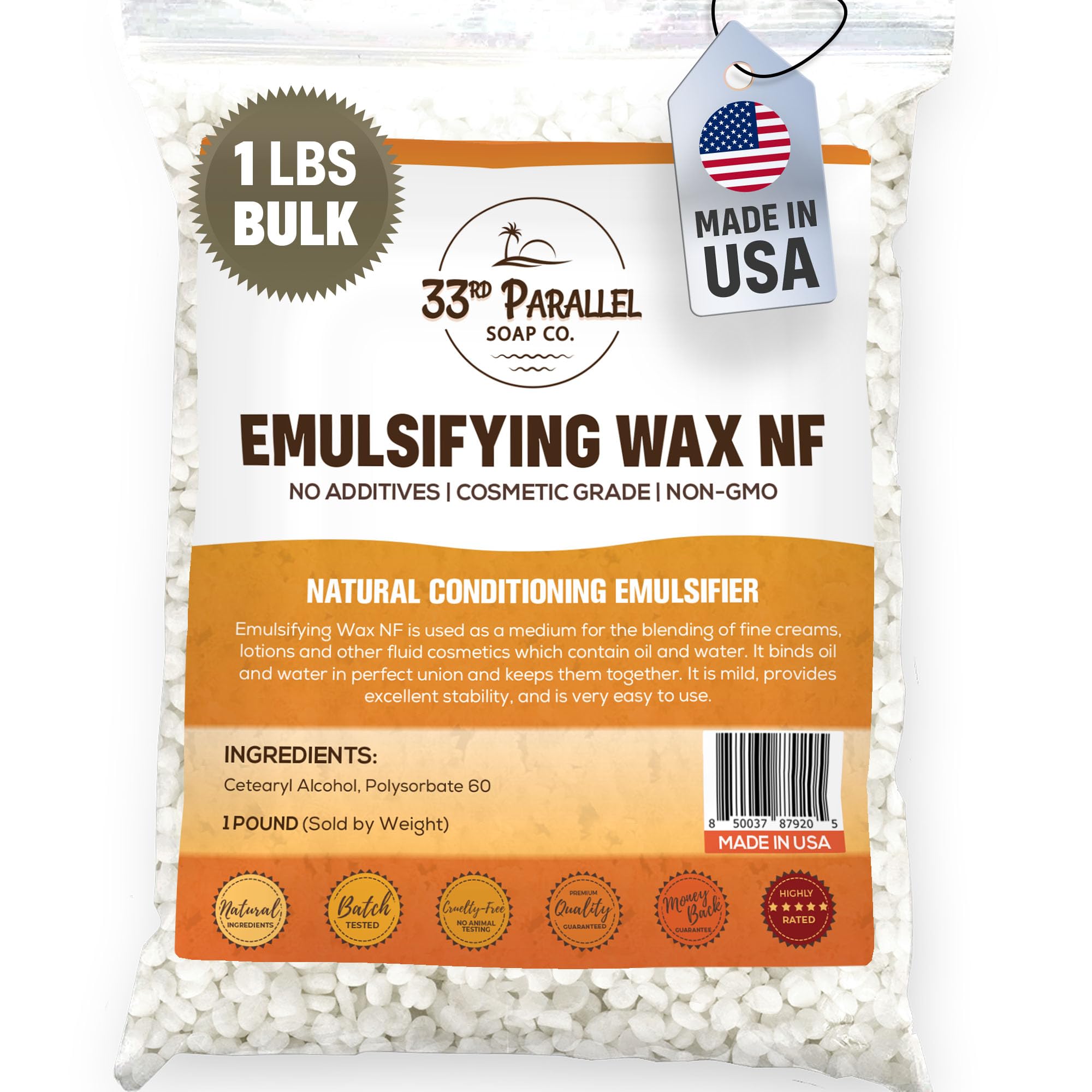 Non-GMO Emulsifying Wax NF Pastilles (1 LBS / 16 OZ) 100% Natural Plant Derived | For Lotions, Creams, Soap Making, Hair Products | Cosmetic Grade | Product of USA | 1 POUND