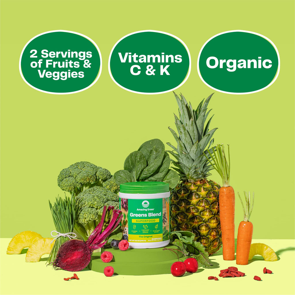 Amazing Grass Greens Blend Superfood:Greens Powder Mix for Energy,with Organic Spirulina,Chlorella,Beet Root Powder,Digestive Enzymes & Probiotics,Original,(Packaging May Vary),30 Servings,(Pack of 2)