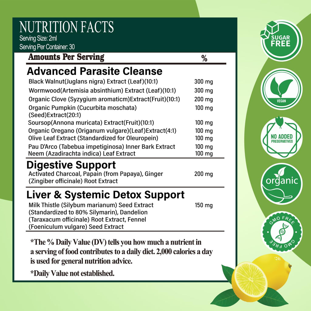 Wormwood Black Walnut Clove Cleanse Drops for Human, 15-in-1 Triple-Action Gut Detox & Digestive Wellness Organic Liquid Tincture w. Soursop PAU DArco Oil of Oregano, Elimination Detox Cleanse