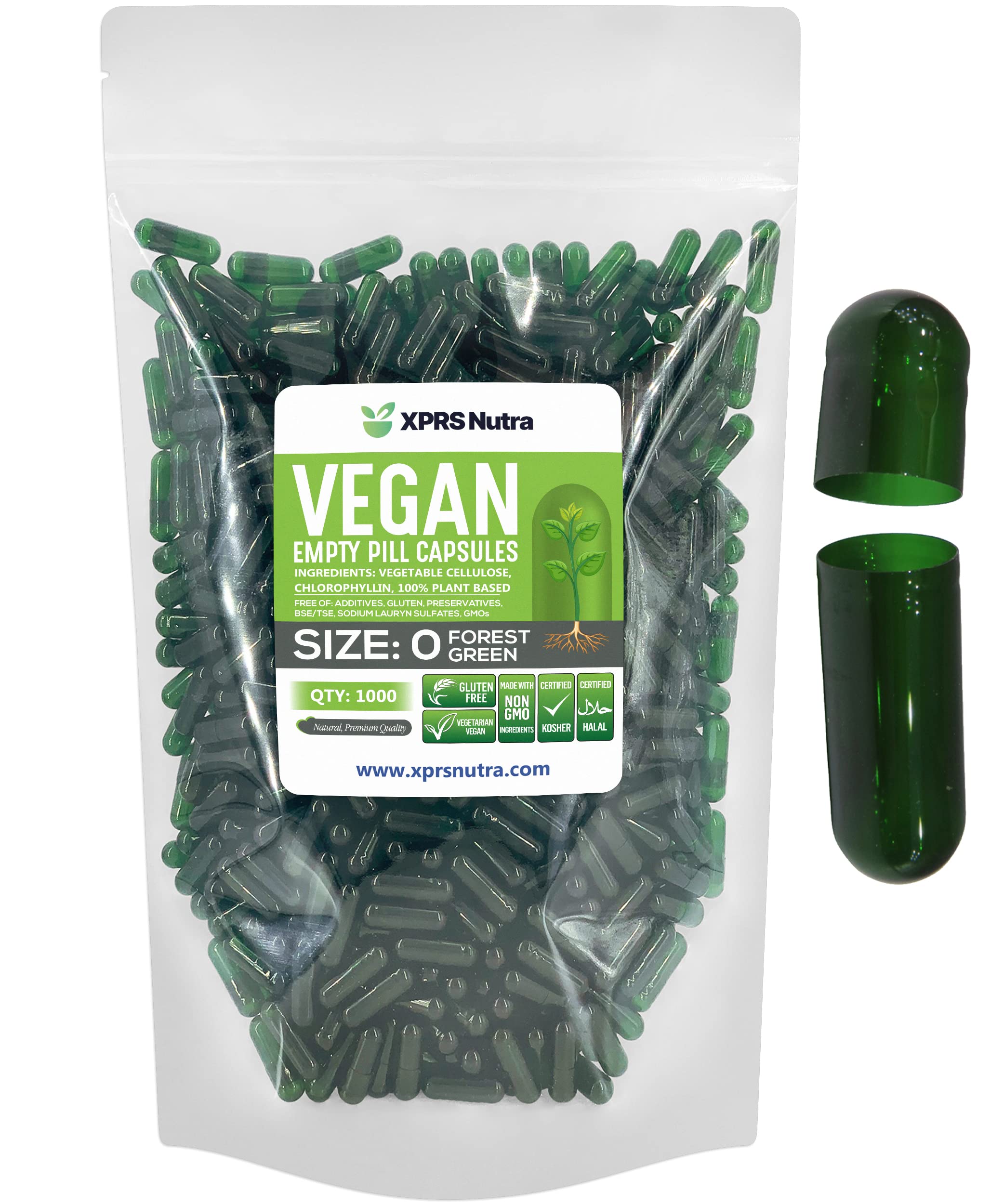 XPRS Nutra Size 0 Empty Capsules - 1000 Count Empty Vegan Capsules - Vegetarian Pills for DIY Vegetable Capsule Filling - Veggie Pill Caps (Forest Green)