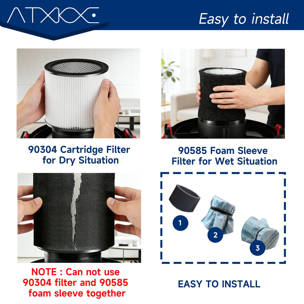 90304 Replacement Filter, 90585 Foam Sleeve Compatible with shopvac filter 90304 90350 90333 90585, Fits Most 5 Gallon and Above Wet Dry Vacuum Cleaner (1 Filters+1 Lid+2 Foam Sleeve Filter+1 Brush)