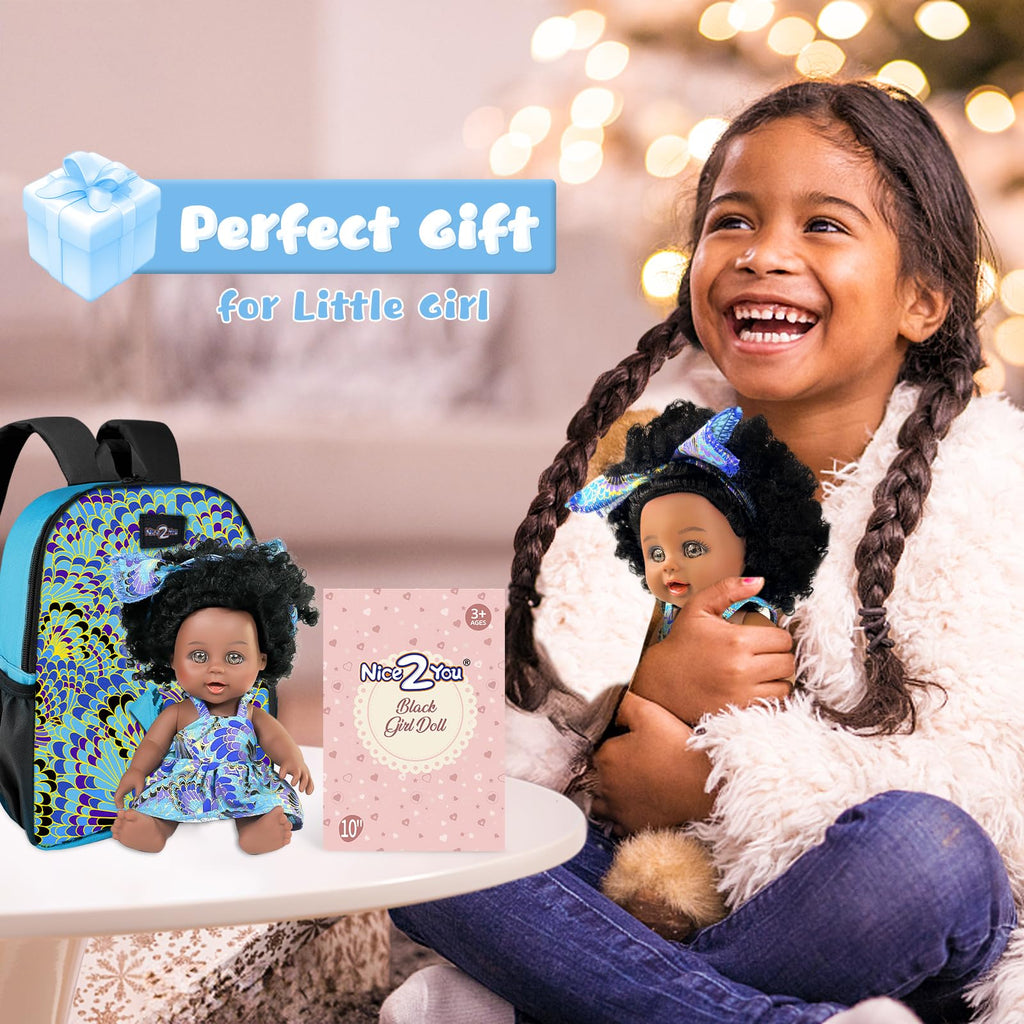 Nice2you Black Baby Doll with Backpack Carrier, 10in American African Doll for Girls Toddlers Aged 2+, Backpack for Baby Doll Accessories Storage, Perfect for 1 2 3 4 5 6 Years Old Kids