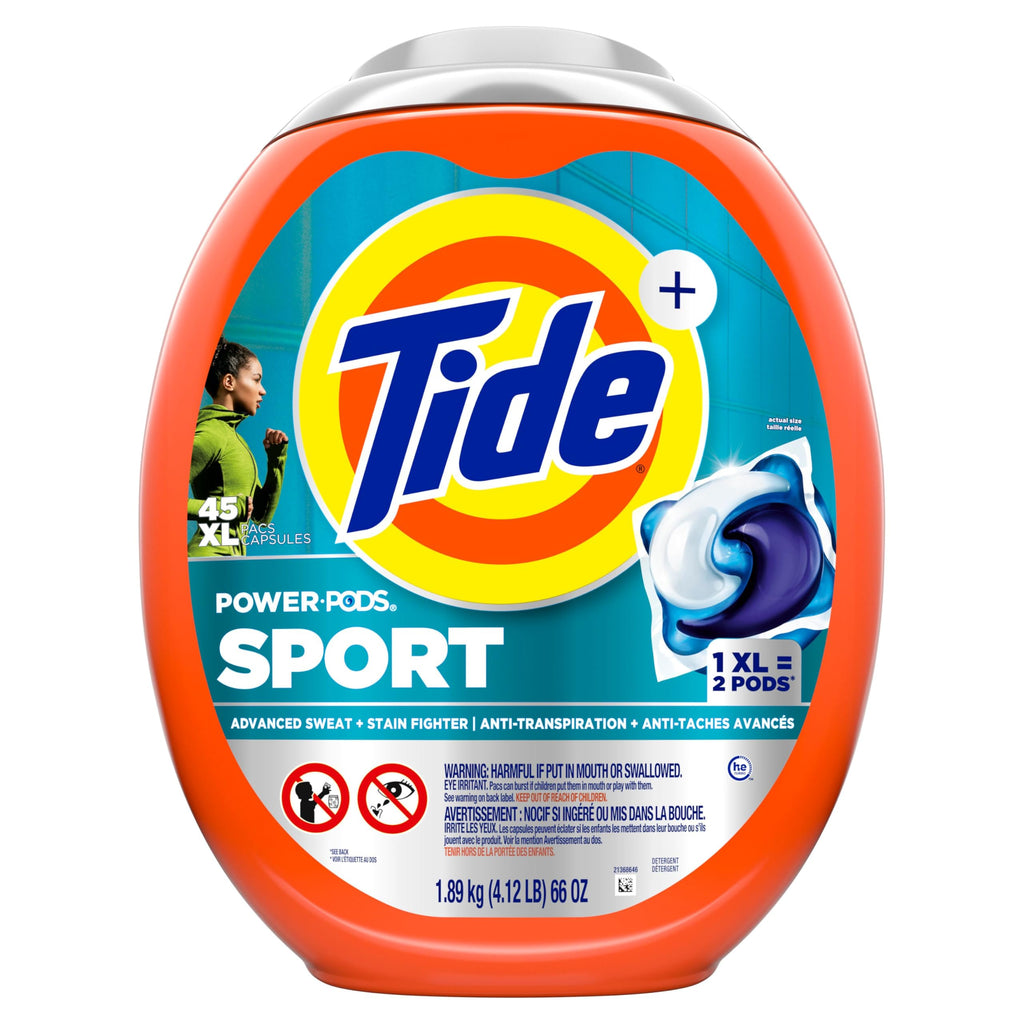 Tide Power Pods Sport Laundry Detergent Pacs, 45 Count, Advanced Sweat + Stain Fighter, laundry soap detergent pacs
