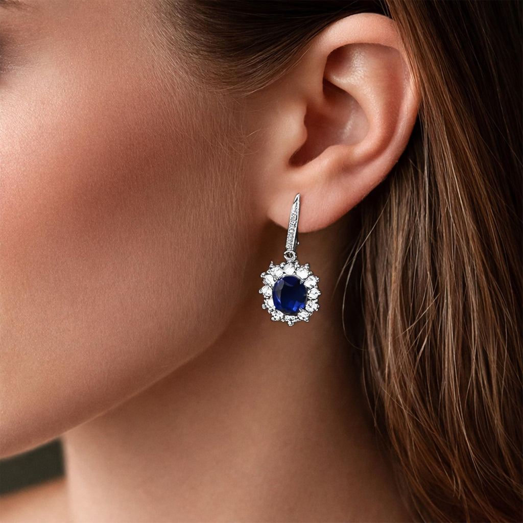 Amy & Annette Blue Sapphire Earrings - 18k White Gold Plated Leverback Drop and Dangle Halo Earring for Women - Great Gift Idea for Every Occasion