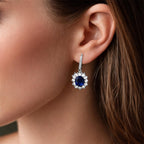 Amy & Annette Blue Sapphire Earrings - 18k White Gold Plated Leverback Drop and Dangle Halo Earring for Women - Great Gift Idea for Every Occasion