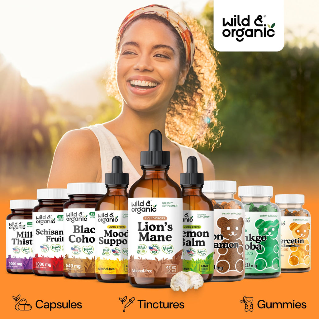 Wild & Organic Lions Mane Liquid Drops - Brain & Focus Support - 84-Day Supply - Lion's Mane Mushroom Supplement - Hericium Erinaceus Mushroom Drops - Sugar & Alcohol-Free Extract Tincture - 4 fl oz
