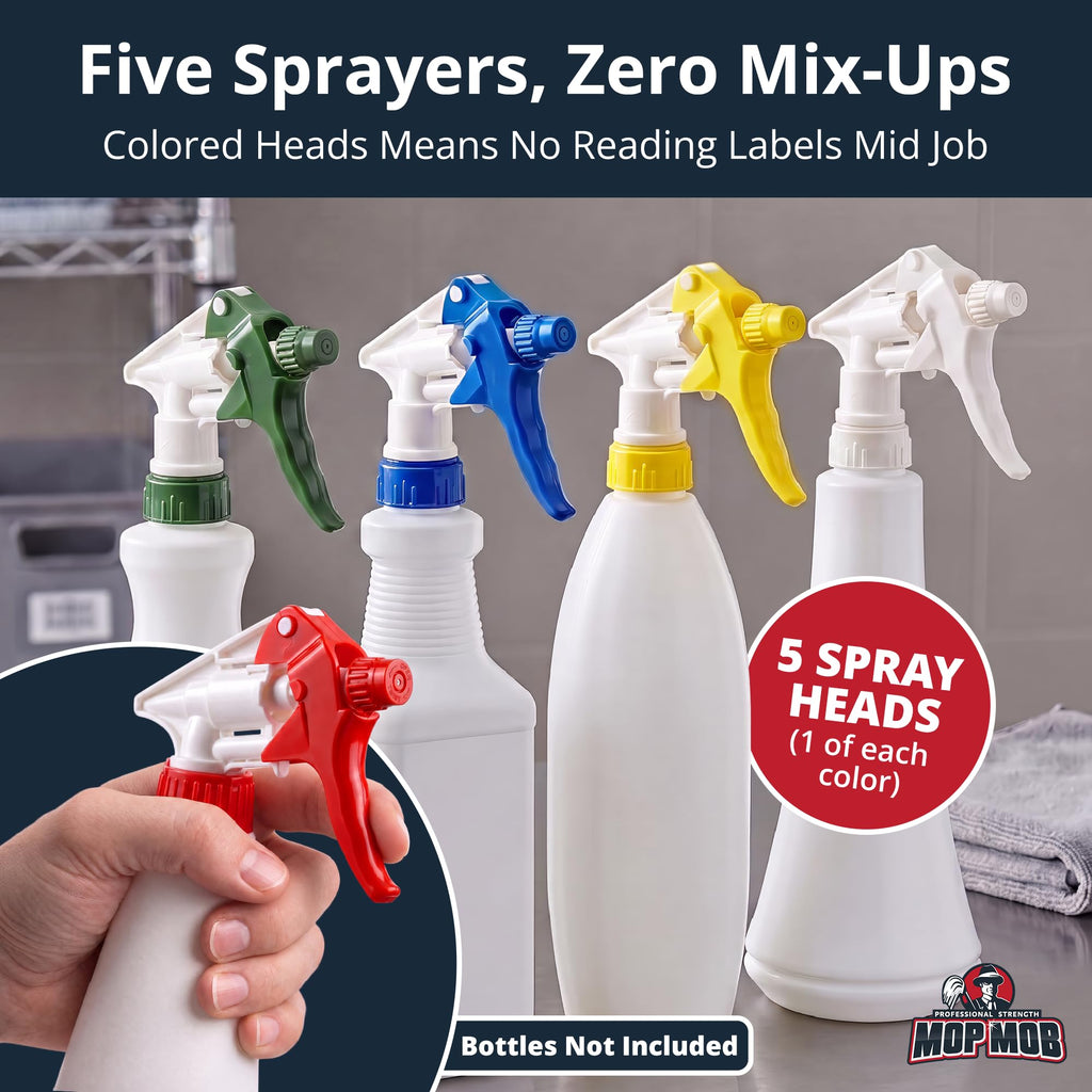 Leak-Free, Chemical Resistant Spray Head 5 Pk Industrial Spray Heads Only (No Bottles) for Auto/Car Detailing, Window Cleaning and Janitorial Supply. Heavy Duty Low-Fatigue Trigger and Nozzle.