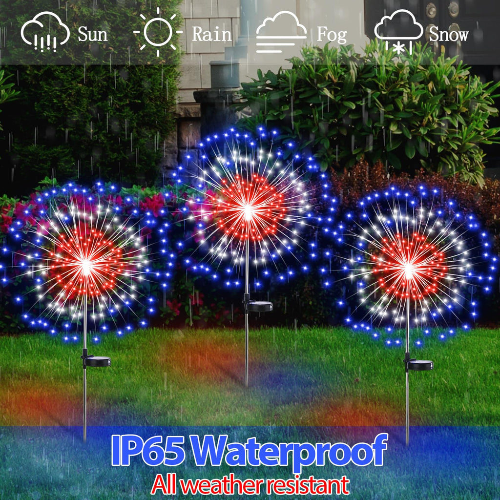 Tujoe 4th of July Decoration Outdoor 4 Pack Solar Firework Lights with 180 LED 250th Anniversary Patriotic Solar Lights 8 Lighting Modes for Yard Garden Pathway Party Decoration(Red, White, Blue)