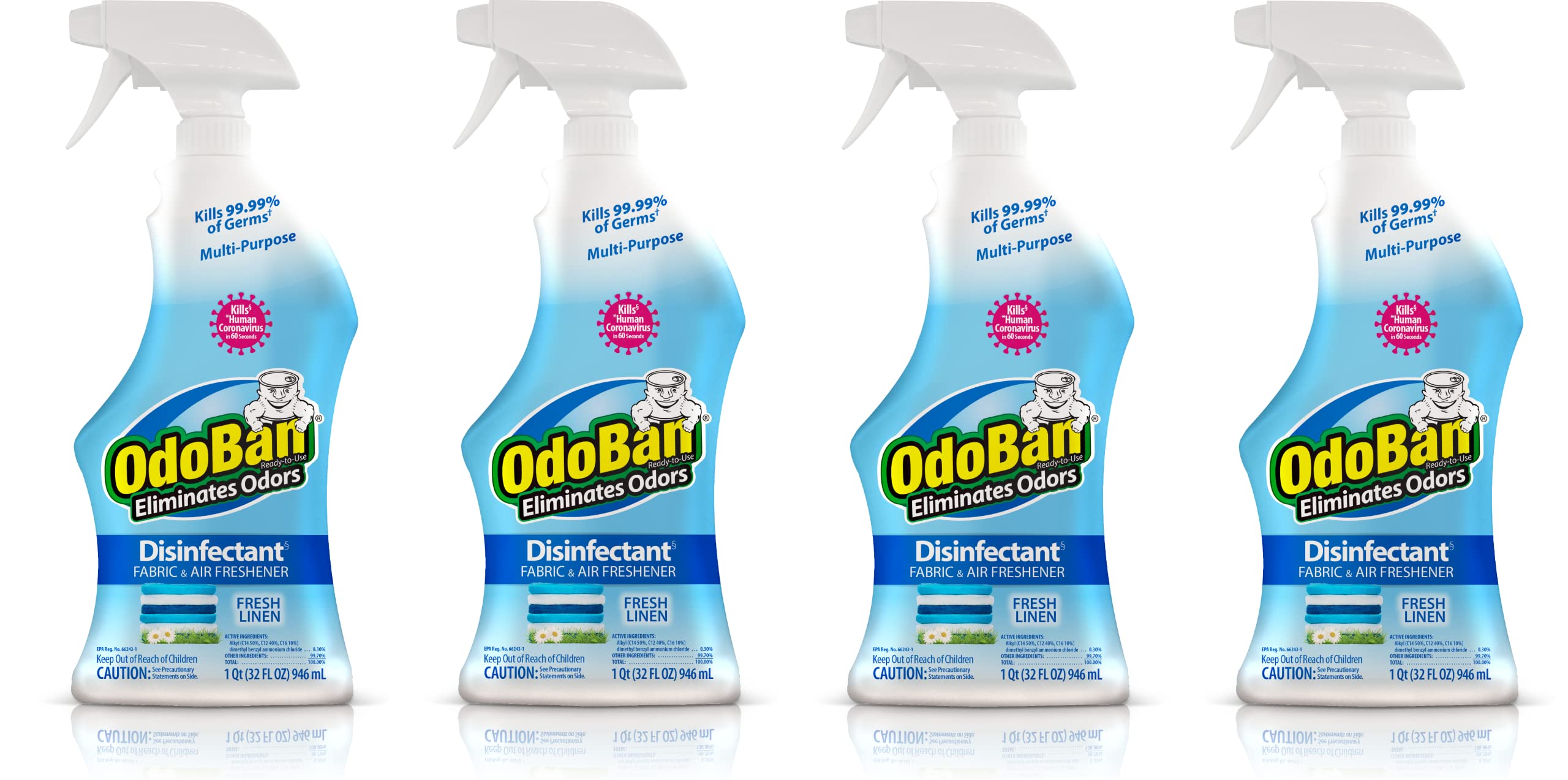 OdoBan Ready-to-Use Disinfectant and Odor Eliminator, Set of 4 Spray Bottles, 32 Ounces Each, Fresh Linen Scent