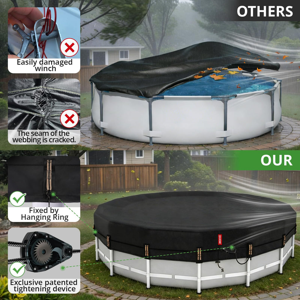 QH.HOME 6 ft Round Pool Cover,Stock Tank Pool Cover - Black Oxford Fabric Heats Water, Blocks Leaves & Sun, Windproof Snug Fit with Drawstring & Weight Rings