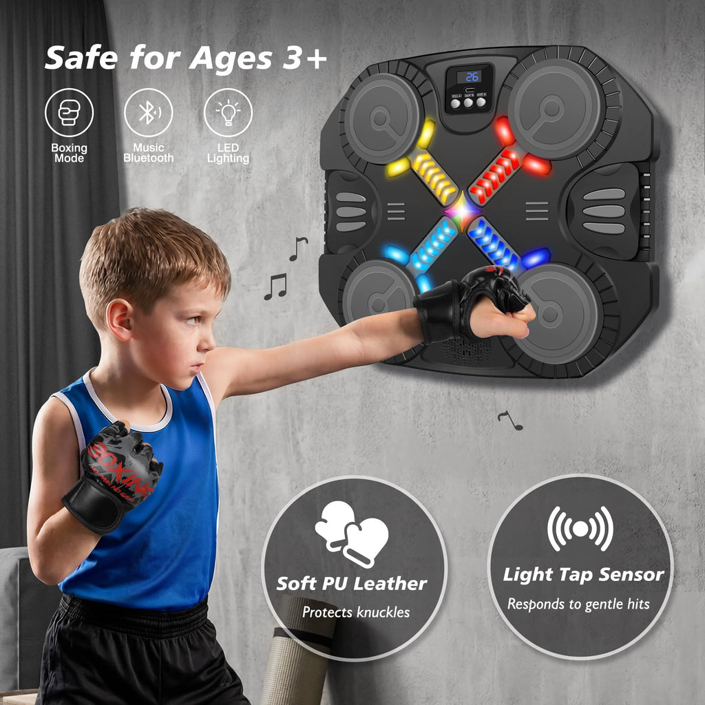 Music Boxing Machine Sport Toys for Kids,Wall Mounted Bluetooth Smart Punching Target,Training Pad Toy with Boxing Glove,Ideas Toys for Boys Girls Kids 3 4 5 6 7 8 9 10 11 12+ Years Old (Black)
