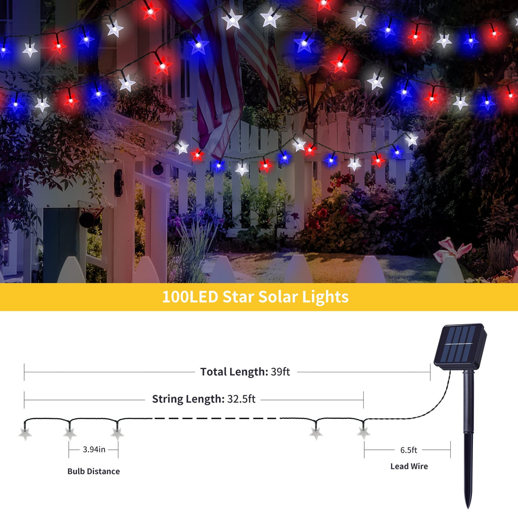 2 Pack Solar Powered Outdoor Patriotic Star String Lights, 100 LED 33 FT Each July 4th Decorative Lights, 8 Lighting Modes, Waterproof for Independence Day Party Patio Garden Decor, Red White & Blue