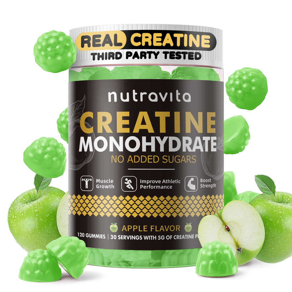 Nutravita NSF Certified Creatine Gummy - Creatine Monohydrate Gummies for Men & Women-5g of Creatine Monohydrate per Serving - Sugar Free,Vegan, Apple Flavor, 120 Count