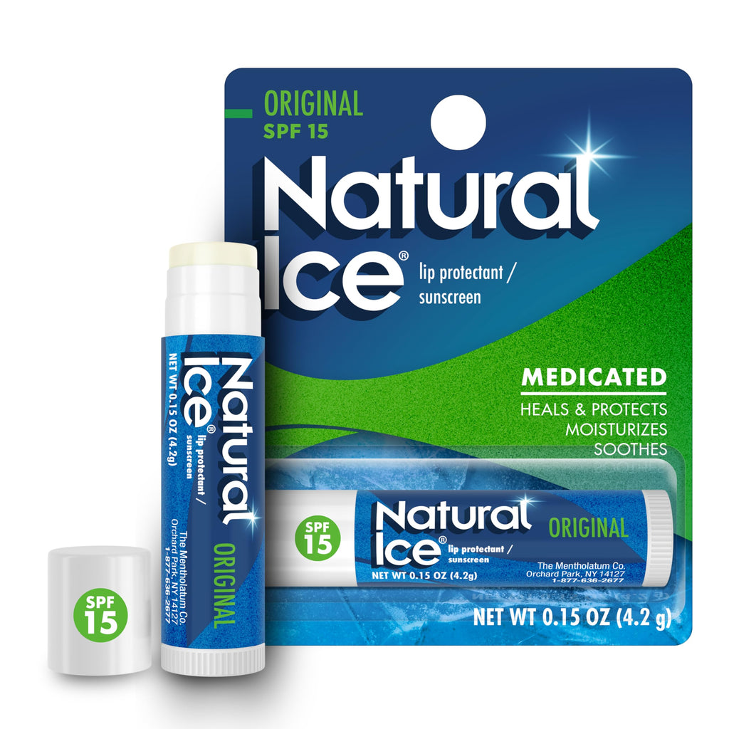 Mentholatum Natural Ice Original Medicated Lip Balm, Hydrating Lip Care for Dry, Chapped Lips, Moisturizing Formula with SPF 15 Helps Prevent Sunburn, Protection for Smooth, Soft Lips (Pack of 12)