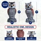 Arrigo Fake Owl Decoys to Scare Birds Away – 2pc Wind-Driven Rotating Head – Plastic Owl Statue Scarecrows – Realistic Deterrent for Critters & Squirrels - Garden, Patio, Boats, and Yard Decor
