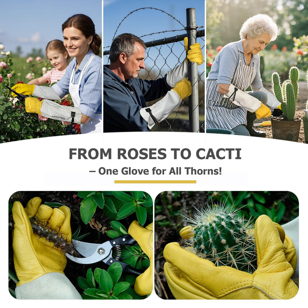 GLOSAV Cactus Garden Gloves- Real Puncture Proof, Thorn proof, Women & Men, Long Leather, Heavy Duty, Great for Gardening, Rose Pruning, Cacti Trimming, Weeding, Pull Thistle, Plant (Large)