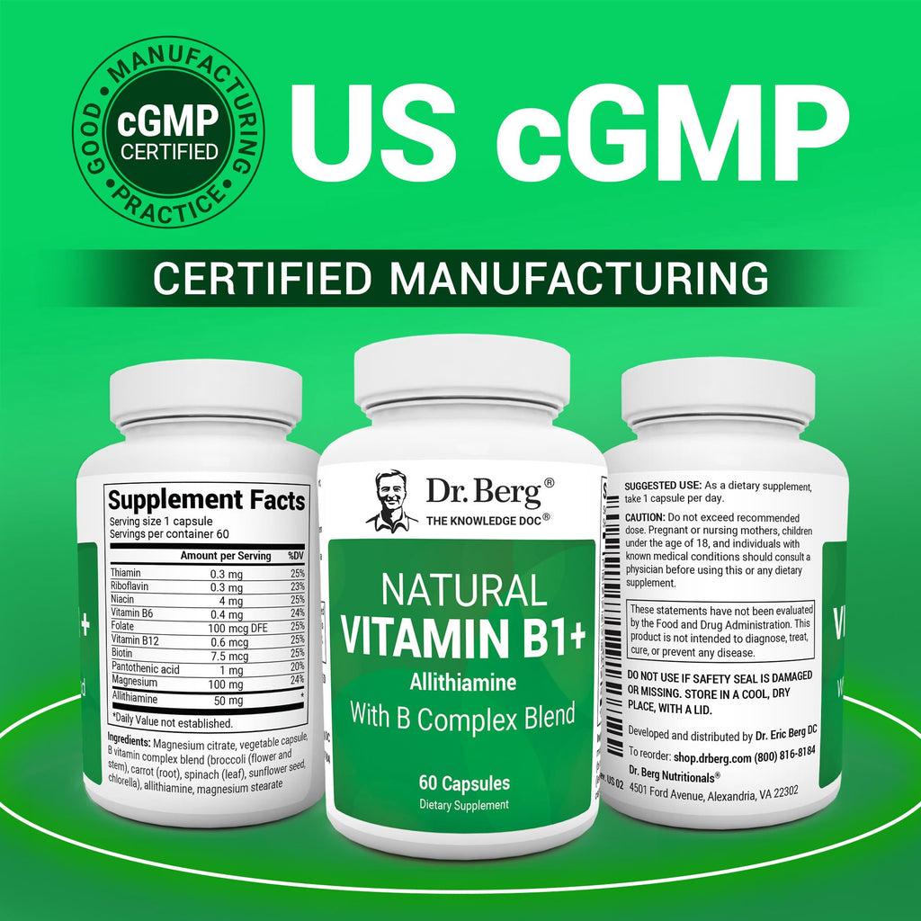 Dr. Berg Natural Vitamin B1 B6 B12 Complex - Allithiamine Vitamin B1 Supplement with 8 Essential Vitamin B Complex for Men & Women Including Thiamin, Niacin, Folate, Magnesium & More - 60 Capsules