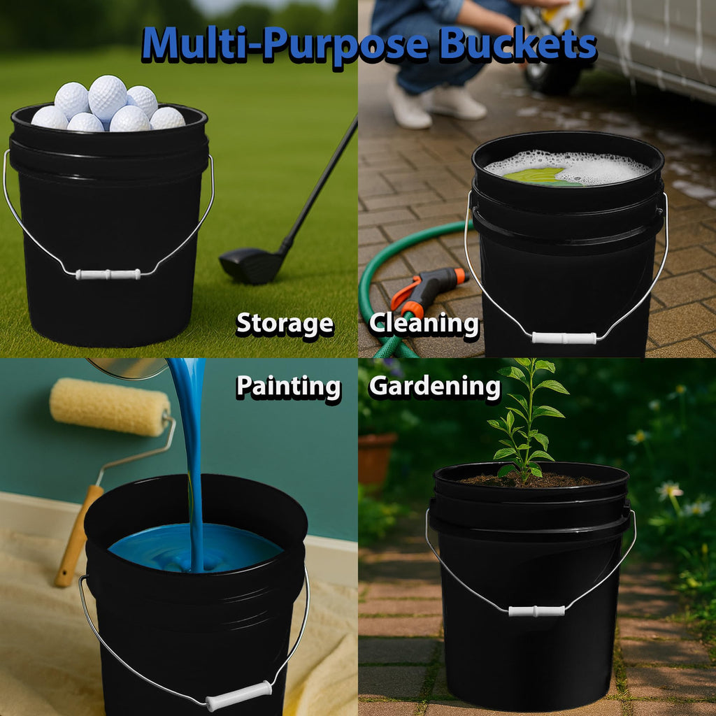 MKS Plastics 5-Gallon Bucket with Airtight Lid – Made in USA, Food Grade BPA Free Plastic, Heavy Duty Multi-Use, Metal Handle with Grip, Stackable Storage – Black, 6 Pack