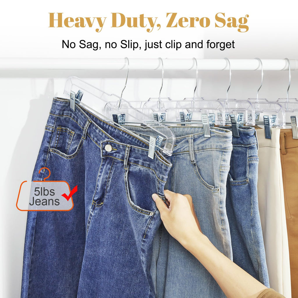 HOUSE DAY 14 Inch Clear Pants Hangers with Clips 12 Pack, Skirt Hangers