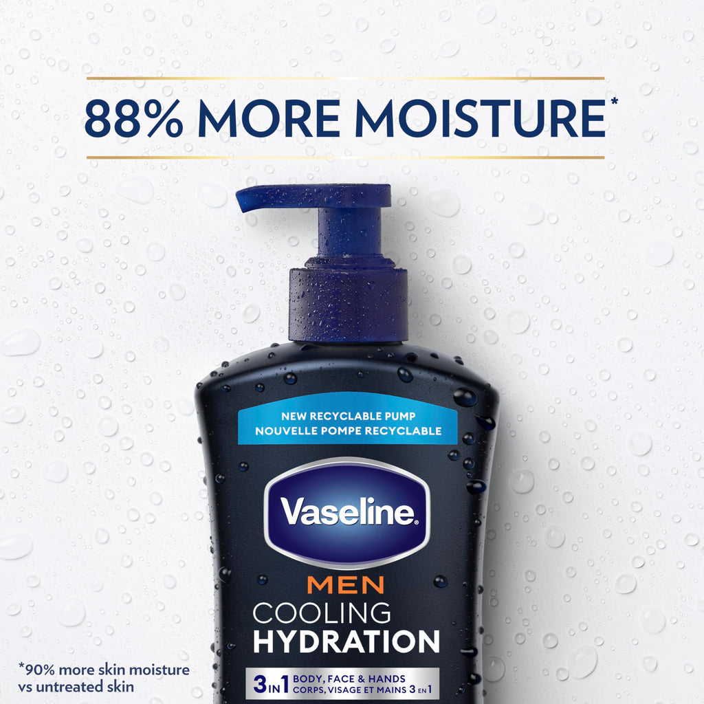 Vaseline Men Cooling Hydration 3-in-1 4 Pack for Dry Skin Face, Hands & Body Lotion for Men with Menthol & Ultra-Hydrating Lipids 20.3 oz