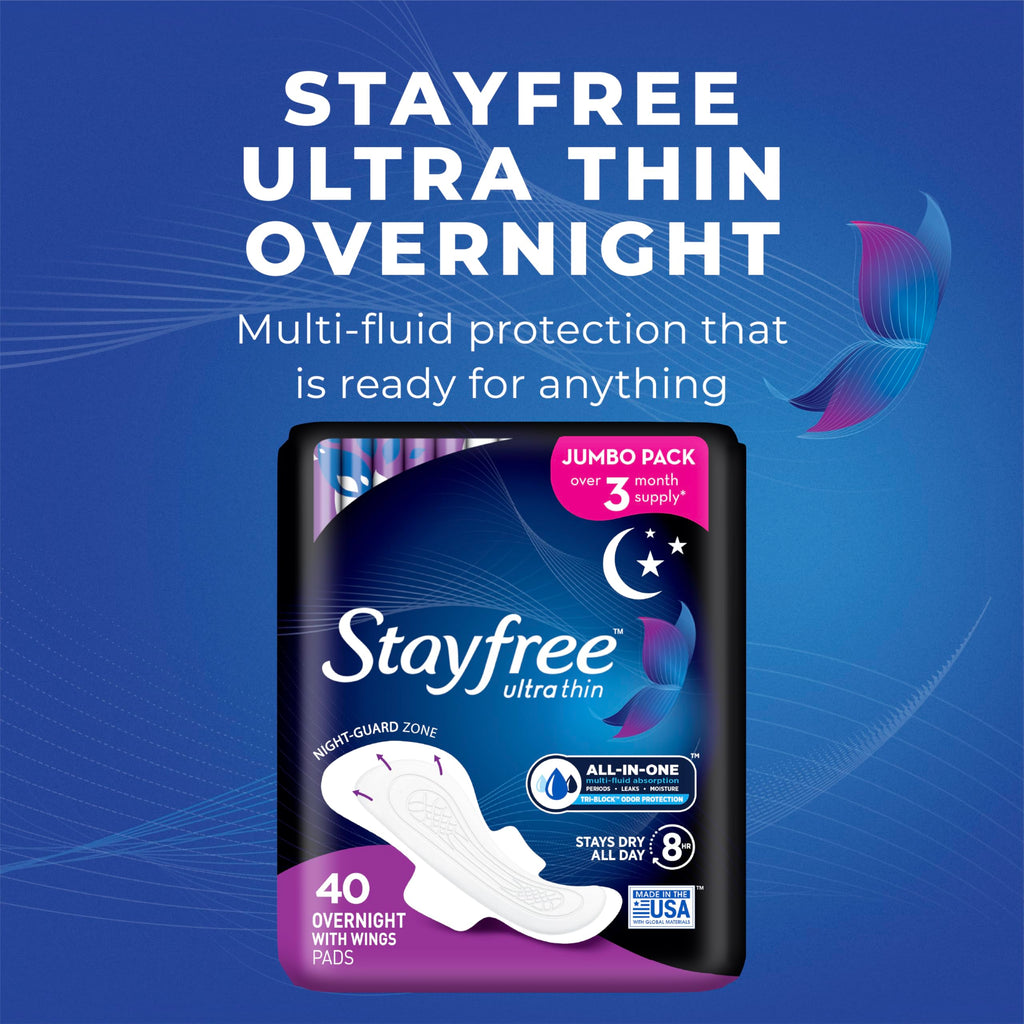 Stayfree Ultra Thin Overnight Pads with Wings, For Women, Reliable Protection and Absorbency of Feminine Moisture, Leaks and Periods, 40 count - Pack of 3