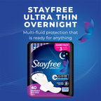 Stayfree Ultra Thin Overnight Pads with Wings, For Women, Reliable Protection and Absorbency of Feminine Moisture, Leaks and Periods, 40 count - Pack of 3