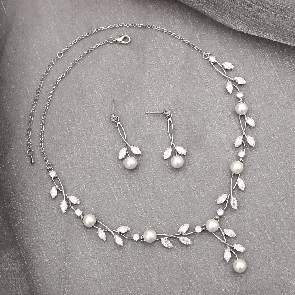 Enrwin Luxury Cubic Zirconia Aurtrian Crystal Pearl Floral Necklace Dangle Earrings Link Bracelet Set Wedding Bridal Jewelry Set Birthday Gifts for Her, Style2-Clear-Silver Plated