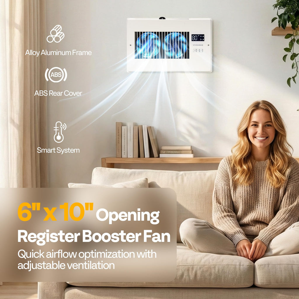 VIVOHOME Quiet Register Booster Fan with Opening 6" x 10" - Smart Thermostat, 10-Speed Control, Removable Dust-proof Mesh & Register Blocker, White