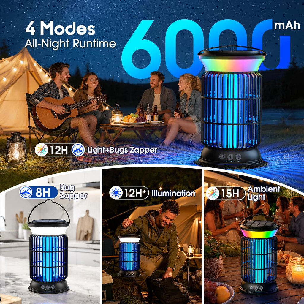 Solar Bug Zapper Outdoor – Powerful Electric Bug Zapper with 4-in-1 Modes, Cordless & Rechargeable Insect Zapper, IP66 Waterproof Mosquito Zapper for Camping & Indoor Use
