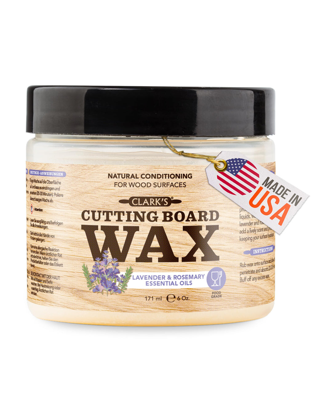 CLARK'S Cutting Board Wax - 2-in-1 Wood Butter & Food Grade Mineral Oil with Beeswax – Butcher Block Conditioner for Cutting Boards – Lavender & Rosemary Essential Oil Scent – Made in USA, 6oz
